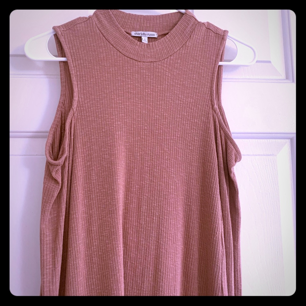 Ribbed open shoulder “turtle neck” flowy dress